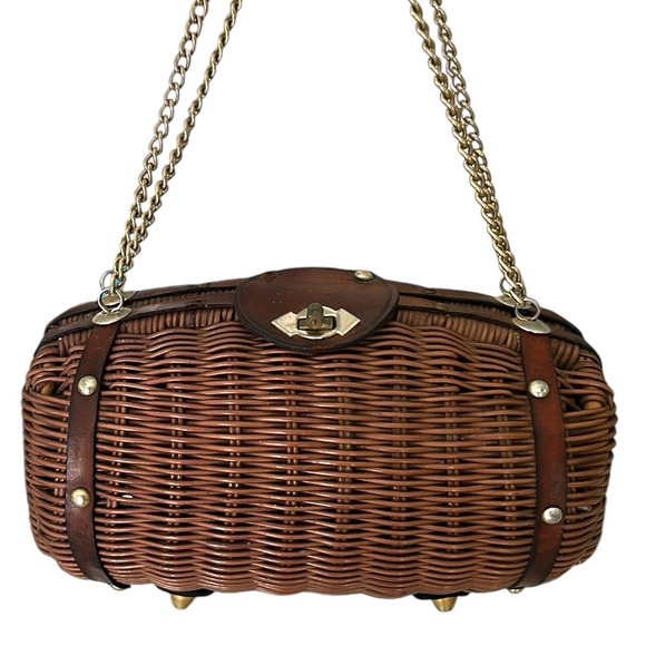 Vintage Brown Wicker Leather Silver Double Chain Strap Barrel Shaped Bag Clutch - Picture 2 of 13